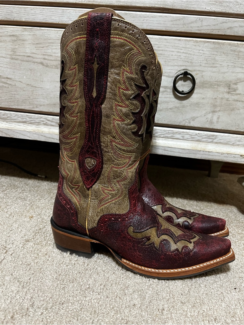 Ariat Two-Tone Burgundy and Olive Western Heeled Boots
